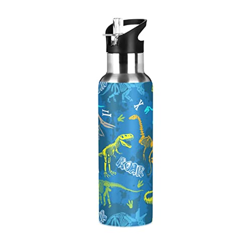 Mnsruu Dino Dinosaurier Skelett Wasserflasche für Mädchen Jungen Edelstahl Trinkflasche Strohhalm Vakuum Isoliert Auslaufsicher Thermoskanne für Sport 600ml von Mnsruu