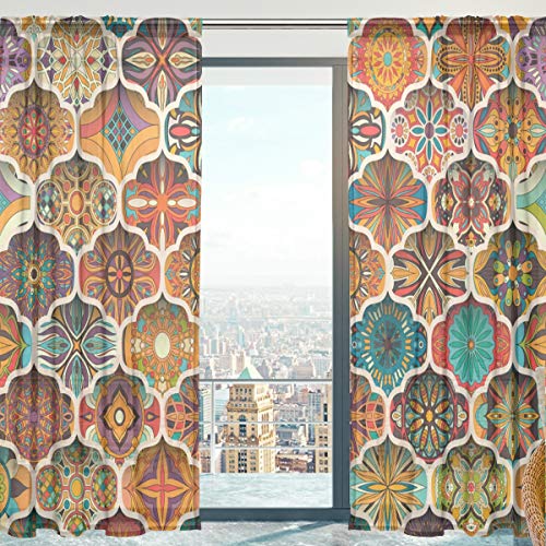 Mnsruu Fenster Gardinen, Ethnische Blumenmosaik Marokkanische Weiche Tüll Voile Vorhänge für Wohnzimmer Schlafzimmer 140 x 198 cm, 2 Panels von Mnsruu