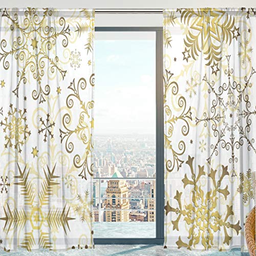 Mnsruu Fenster Sheer Vorhänge, Weihnachten Muster Golden Schneeflocken Weiche Tüll Voile Vorhänge für Wohnzimmer Schlafzimmer 140 * 198cm, 2 Panels von Mnsruu