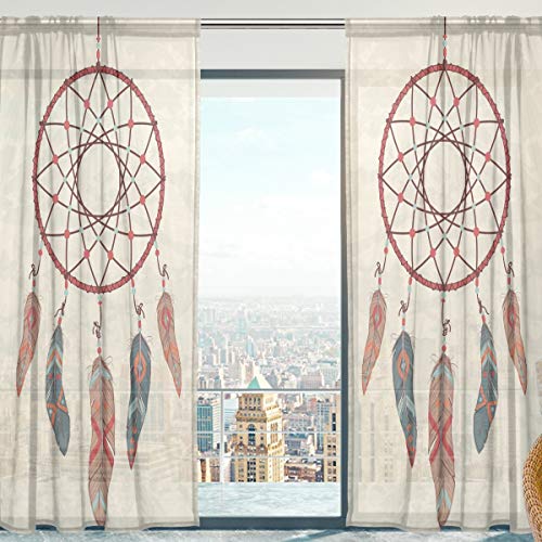 Mnsruu Fenstervorhänge, Boho Ethno Traumfänger Weiche Tüll Voile Vorhänge für Wohnzimmer Schlafzimmer 140 x 198 cm, 2 Panels von Mnsruu