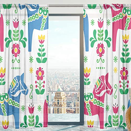 Mnsruu Fenstervorhänge, Folk Art Dala Pferd Weiche Tüll Voile Vorhänge für Wohnzimmer Schlafzimmer 140 x 198 cm, 2 Panels von Mnsruu