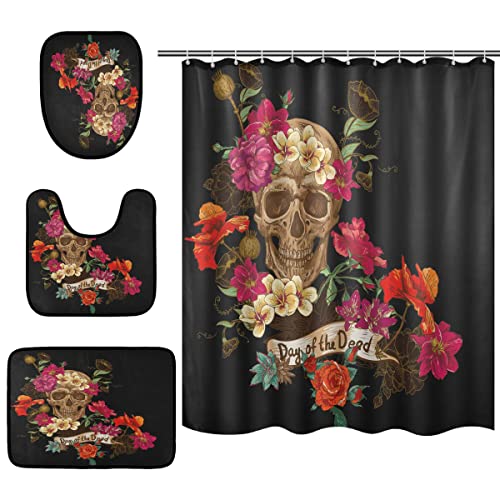Mnsruu Floral Suagr Skull Day of the Dead Duschvorhang mit 12 Haken Bodenmatte Anti-Rutsch Teppich Badezimmermatten Sets 4 Stück von Mnsruu