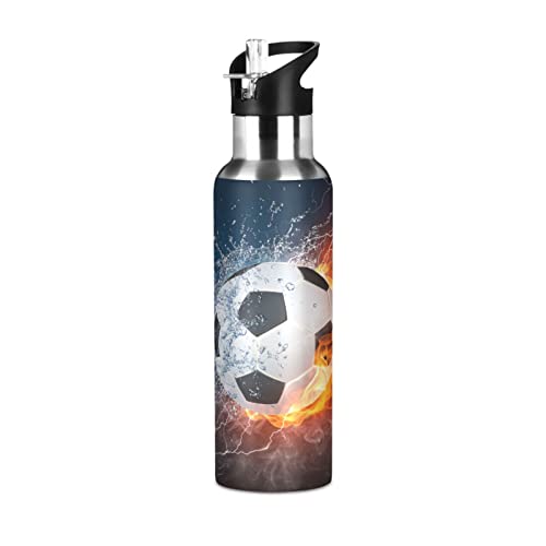 Mnsruu Fußball Fußball Wasserflasche für Mädchen Jungen Edelstahl Trinkflasche Strohhalm Vakuum Isoliert Auslaufsicher Thermoskanne für Sport 600ml von Mnsruu