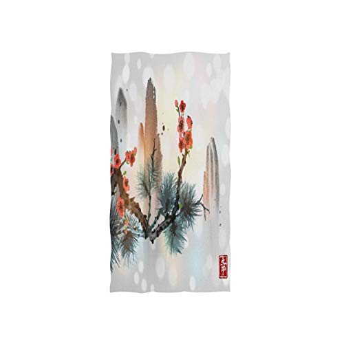 Mnsruu Handtuch mit chinesischem Berg und Kieferzweig, Kirschblüte, weich, für Bad, Hotel, Spa, Fitnessstudio, Sport, 76 x 38 cm von Mnsruu