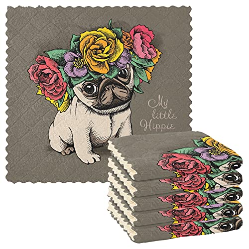 Mnsruu Hippie Mops Welpe Kopf Kranz Blume 6 Stück Küchentücher Geschirr Bar Geschirrtuch Geschirrtuch schnell trocknend super weich 28 x 28 cm von Mnsruu