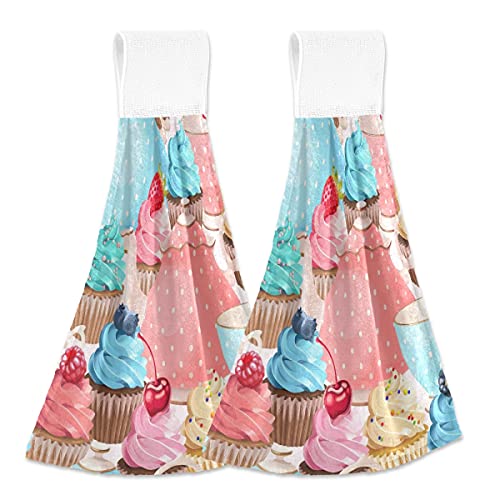Mnsruu Hübsches Handtuch mit Cupcake-Motiv und Kirschkuchen, 2 Stück, weich, saugfähig, für Badezimmer, Waschküche, 35,6 x 45,7 cm von Mnsruu