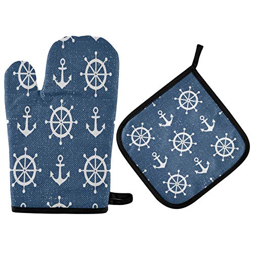 Mnsruu Maritime Anker Schiffsrad Vintage Ofenhandschuh und Topflappen Set Hitzebeständig Küchenhandschuh zum Kochen, Backen, Grillen, Grillen von Mnsruu