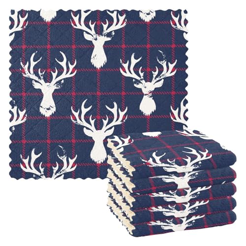 Mnsruu Mikrofaser Reinigungstücher Büffel Plaid Weihnachten Elch Rentier Wiederverwendbare Geschirrtücher zum Abwasch 6 Pack Schwedisches Geschirrtuch Mikrofaser Reinigungstücher Waschbar Staubwedel von Mnsruu