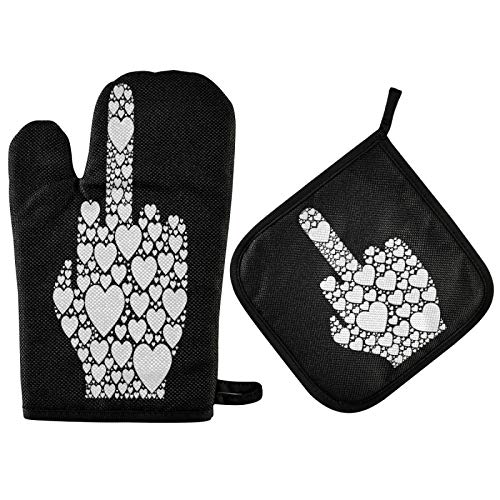 Mnsruu Mittelfinger Love Heart Schwarz Ofenhandschuh und Topflappen Set Hitzebeständig Küchenhandschuh zum Kochen, Backen, Grillen, Grillen von Mnsruu