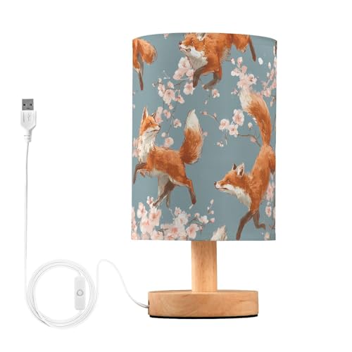 Mnsruu Nachttischlampe Fuchs Kirschblüte Nachttischlampe LED Licht Schreibtischlampe Stoffschirm Kleine Lampe für Schlafzimmer Wohnzimmer (Leuchtmittel enthalten) von Mnsruu
