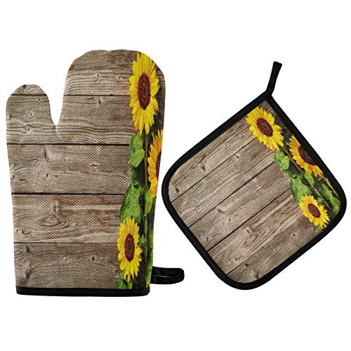 Mnsruu Ofenhandschuh und Topflappen-Set mit Sonnenblume auf Planke, hitzebeständig, Küchenhandschuh zum Kochen, Backen, Grillen, Grillen von Mnsruu