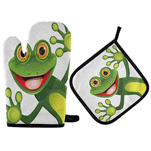 Mnsruu Ofenhandschuh und Topflappen-Set mit grünem Frosch, hitzebeständig, Küchenhandschuh zum Kochen, Backen, Grillen, Grillen von Mnsruu