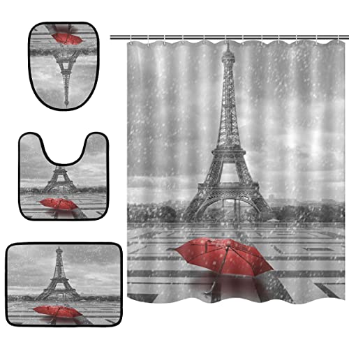 Mnsruu Paris Eiffelturm Roter Regenschirm Duschvorhang mit 12 Haken Bodenmatte Anti-Rutsch-Teppich Badezimmermatten-Sets 4-teilig von Mnsruu