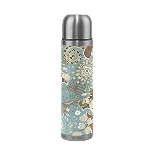 Mnsruu Retro Floral Design Isolierte Wasserflasche Thermoskanne Edelstahl Doppelwandig Auslaufsicher Vakuum Reisekaffeetasse Echtes Leder Abdeckung 500 ml von Mnsruu