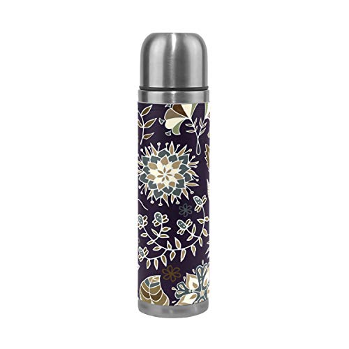 Mnsruu Retro Floral Design Isolierte Wasserflasche Thermoskanne Edelstahl Doppelwandig Auslaufsicher Vakuum Reisekaffeetasse Echtes Leder Abdeckung 500 ml von Mnsruu