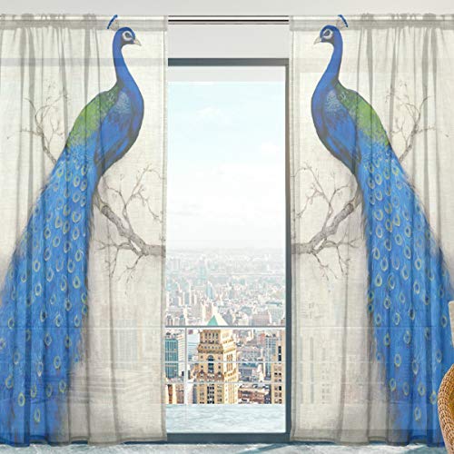 Mnsruu Sheer Lang Fenster Vorhang Transparente Gardinen Tüll Fashion Schöne Einrichtung Floral mit Pfau Set 2 Stück für Wohnzimmer Schlafzimmer Fenster, 140cm x 198cm von Mnsruu