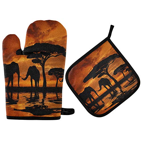 Mnsruu Silhouette Elefant Sonnenuntergang Landschaft Natur Ofenhandschuh und Topflappen Set hitzebeständig Küchenhandschuh zum Kochen, Backen, Grillen, Grillen von Mnsruu