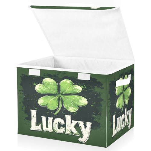 Mnsruu St. Patrick's Day faltbare Aufbewahrungskörbe mit Deckel, Kleeblatt-Muster, D-Aufbewahrungsboxen, Kleiderkörbe zum Organisieren von Mnsruu