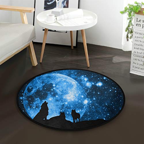 Mnsruu Teppich, Wolf, Sternenhimmel, Mond, Galaxie, Nebel, rund, für Wohnzimmer, Schlafzimmer, 92 cm Durchmesser von Mnsruu