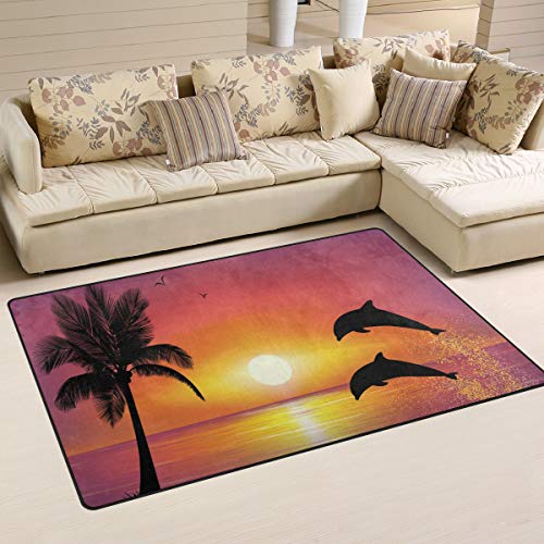 Mnsruu Teppich Palme Sonnenuntergang Delphin Meer Ozean Rutschfeste Bodenmatte Fußmatten Fußmatten Wohnzimmer Schlafzimmer 50 x 80 cm (1,7 x 2,6 Fuß) von Mnsruu