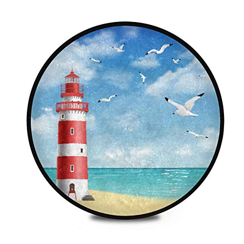 Mnsruu Teppich mit Ölgemälde-Motiv Leuchtturm, Strand, Ozean, rund, rutschfest, für Eingangsbereich, Flur, Sofa, Wohnzimmer, Schlafzimmer, Heimdekoration von Mnsruu