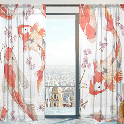 Mnsruu Transparente Gardine, Orientalisches Muster Mit Karpfen Weiche Tüll Voile Vorhänge für Wohnzimmer Schlafzimmer 140 x 198 cm, 2er Set von Mnsruu