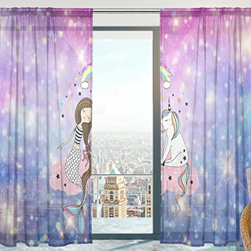 Mnsruu Transparente Gardine, Regenbogen Einhorn Meerjungfrau Mädchen weichen Tüll Voile Vorhänge für Wohnzimmer Schlafzimmer 140 x 213 cm, 2er Set von Mnsruu