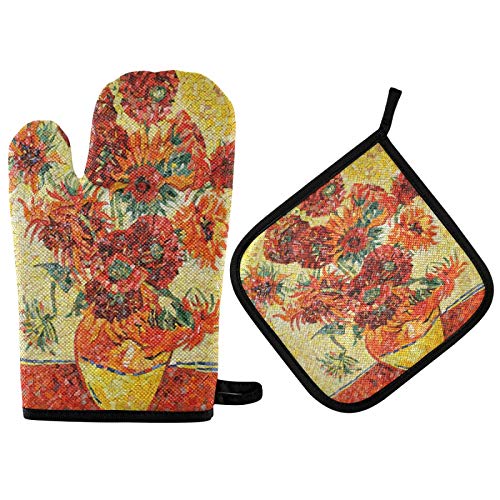 Mnsruu Van Gogh Topfhandschuh und Topflappen-Set mit Sonnenblumen-Motiv, hitzebeständig, Küchenhandschuh zum Kochen, Backen, Grillen, Grillen von Mnsruu