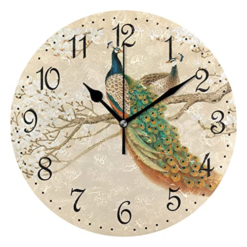 Mnsruu Wanduhr, weißer Baum, Pfau, geräuschlos, nicht tickend, dekorative Wanduhren, batteriebetrieben, 25 x 25 cm für Zuhause, Wohnzimmer, Küche, Badezimmer, Schlafzimmer von Mnsruu