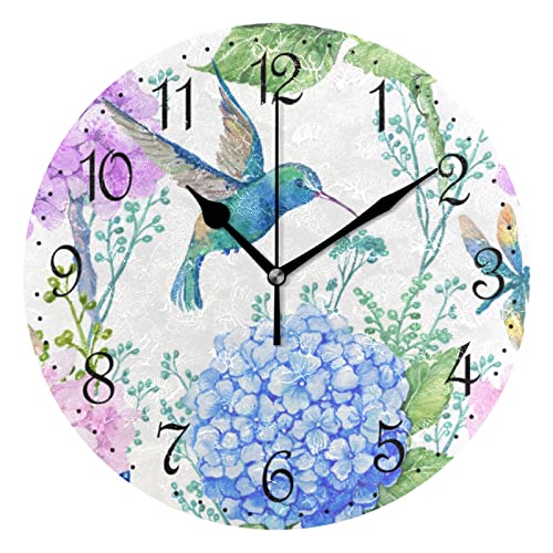 Mnsruu Wanduhr Aquarell Blumen Kolibri, geräuschlos, nicht tickend, dekorative Wanduhren, batteriebetrieben 25 x 25 cm für Zuhause, Wohnzimmer, Küche, Badezimmer, Schlafzimmer von Mnsruu