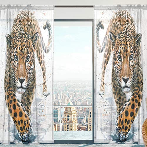 Mnsruu yibaihe Fenster Vorhänge, Gardinen Platten Fenster Behandlung Set Voile Drapes Tüll Vorhänge afrikanischem Tier Leopard 2 Einsätze für Wohnzimmer Schlafzimmer,(140 x 213 cm) von Mnsruu