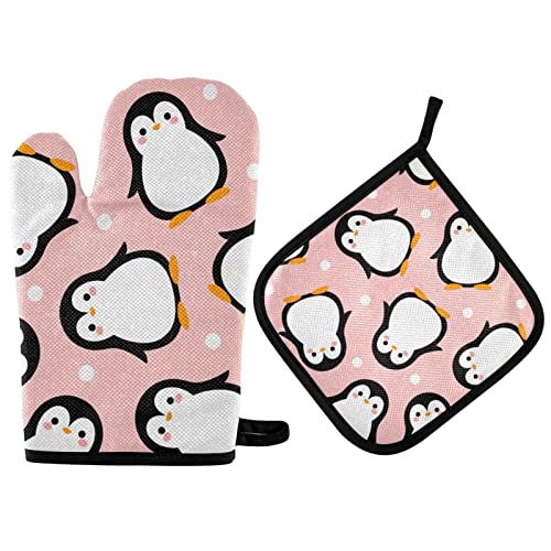 Ofenhandschuhe und Topflappen Set Pinguin Rosa Ofenhandschuhe Hitzebeständig Küchentheke Safe Matten Ofenhandschuhe Anti-Rutsch-Griff für Mikrowelle BBQ Kochen Backen Grillen von Mnsruu