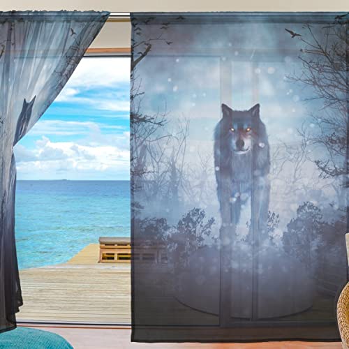 Transparente Vorhänge mit 3D-Motiv Wolf Wald, extra lang, Voile, Fenstervorhänge, Verdunkelungsstoff für Wohnzimmer, Küche, Badezimmer, Outdoor, Heimdekoration von Mnsruu