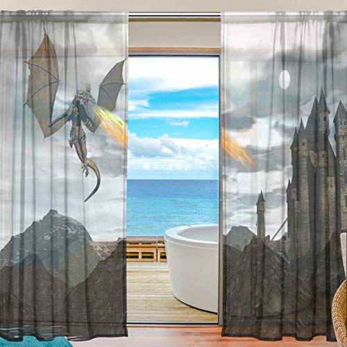 Yibaihe Mnsruu Drachen und Burg Sheer Vorhänge 198 cm lang Paneele Tüll Voile Fenstervorhang Drape Panel für Wohnzimmer Schlafzimmer 2 Paneele von Mnsruu