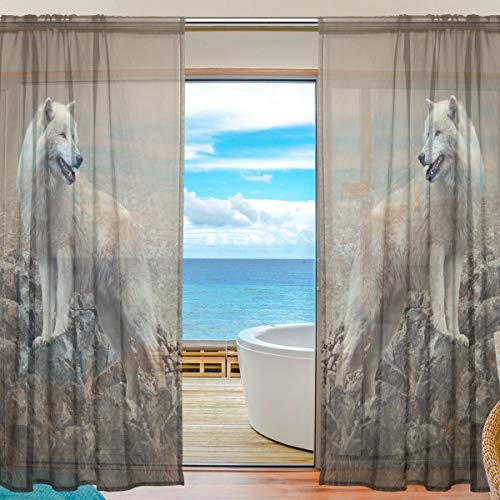Yibaihe Mnsruu weißer Wolf durchscheinender Vorhang 213 cm lang Voile Fenstervorhang Vorhang für Wohnzimmer Schlafzimmer 2 Bahnen von Mnsruu