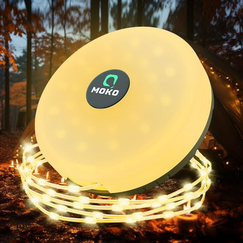 MoKo Camping Lichterkette Aufrollbar, 3-in-1 Tragbare Wiederaufladbare LED Lichterkette mit 8 Beleuchtungsmodi, wasserdichte Campinglampe Taschenlampe für Zelt Camping Hof Dekoration (10M) von MoKo