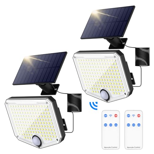 MoKo Solarlampen für Außen mit Bewegungsmelder, 222 LED Superhell Solarleuchten für Außen mit Fernbedienung & 5M Kabel, 3 Modi 3000 mAh, IP65 Wasserdicht Solar Wandleuchte für Garten Hof, 2 Stück von MoKo