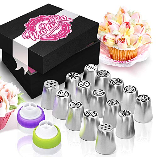 MoNiRo 33tlg. Spritztüllen Set Edelstahl - incl. Spritzbeutel aus Silikon - Backzubehör zum verzieren von Torten und Cupcakes - Spritztüllenset - Backen - Rosen Blumen von MoNiRo