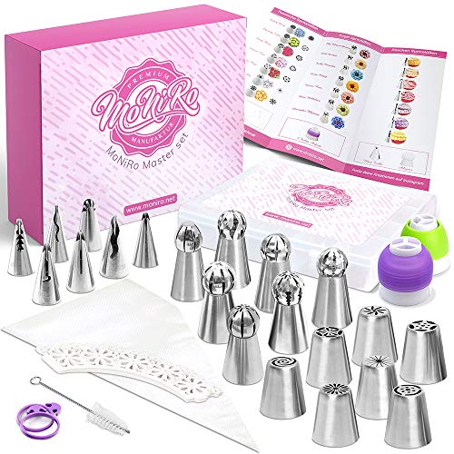 MoNiRo 91-Teiliges Russische Spritztüllen Set - Profi Edelstahl Tüllen Set mit Silikon Spritzbeutel und Back-Zubehör - Geschenke Set für Torten & Cupcake Blumen Deko - Back-Set zum verzieren von MoNiRo