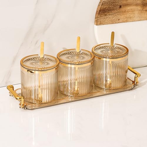 MoRfiL Nordischer Stil Glas Dose Salzdose dreiteiliges Set Gewürzdosen mit Löffel und Deckel Gewürzbehälter Vorratsdose Zuckerdose Salztopf,Gold von MoRfiL