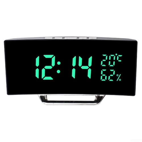 Leicht ablesbare Zeit auf einem stilvoll gestalteten digitalen Wecker mit Temperatur-/Luftfeuchtigkeitsanzeige (grün) von MoSundi