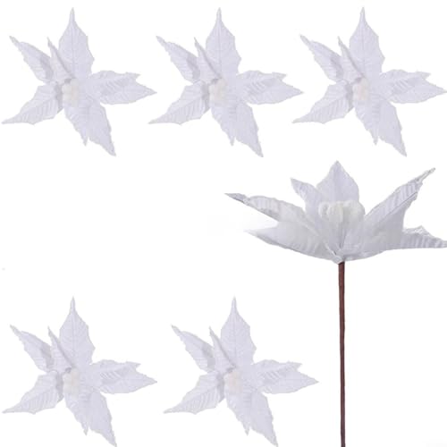 MoSundi Weihnachtsdeko Blumen Set mit 6 Plüsch-Biber-Baumeinsätzen mit Stab für Urlaub Zuhause Dekorationen festliche Atmosphäre DIY Zubehör (weiß) von MoSundi