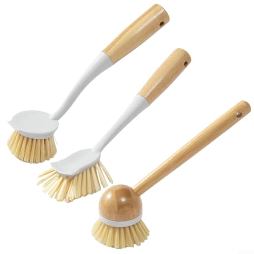 Set mit 3 Geschirrbürsten aus Holz mit langem Griff und integriertem Schaber für Topf- und Küchenreinigung (weiß) von MoSundi