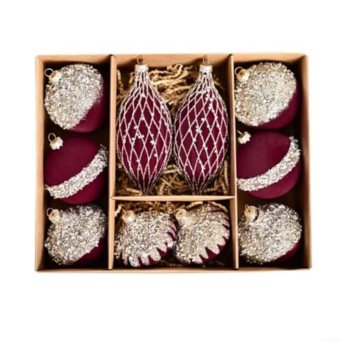 Weihnachtsbaum-Ornament-Kugeln mit Beflockung für Feiertagsparty-Dekorationen und festliche Displays, Rot, 10 Stück Weihnachtsbaum-Ornament-Kugeln mit Beflockung für Feiertagsparty-Dekorationen und festliche Displays, Rot, 10 Stück von MoSundi