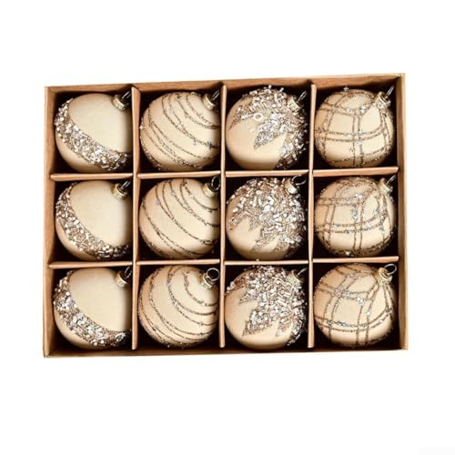 Weihnachtskugel-Ornament-Set mit Samtbeflockung und Pailletten-Details, 12 hängende Stücke für Baumschmuck, Kränze und Veranstaltungen (Beige) von MoSundi