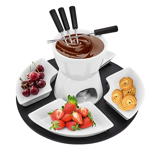 MoYouno Keramik Schokoladen Fondue Set, Käsefondue Sets mit 4 Gabeln und 4 Schalen, Keramik Butterwärmer, nicht elektrisches Fondue Set, beheizt mit einem Teelicht, für Käse, Karamell (weiß) von MoYouno