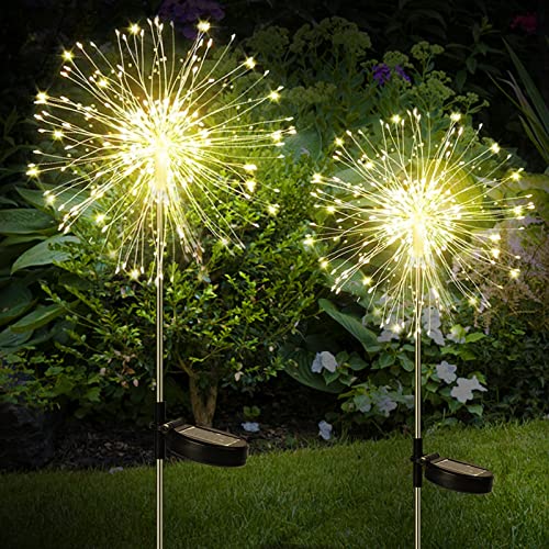 Moautodc Solarlampen für Außen Garten: 2 Stück Gartendeko Solarlicht, 120 LED Feuerwerk Licht, Solarstecker Pusteblume Gartenleuchten IP65 Solarleuchten Patio Rasen Fest Deko(8 Modi), LE002 von Moautodc