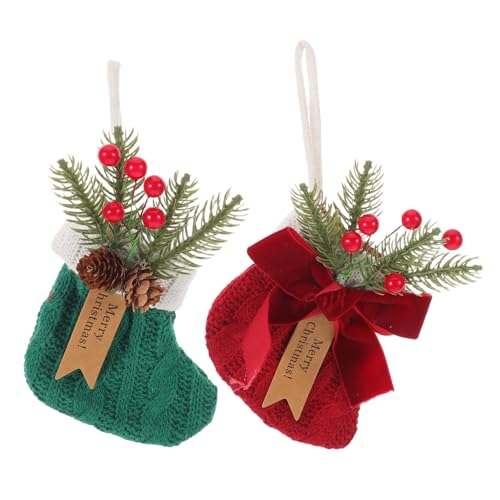 Mobestech 2 Stück Gestrickte Weihnachtsstrümpfe Rot Grün Kleine Santa Candy Taschen mit Kiefernzapfen und Schleife Wiederverwendbare Baum Party-deko Leichte Snackbehälter für Festliche von Mobestech