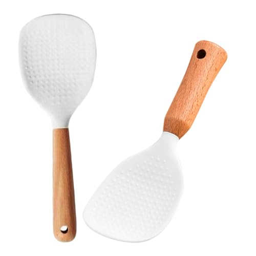 Mobestech 2 Stück Silikon Reislöffel Hitzebeständig Holzgriff Multifunktional Reis Salatlöffel Küchenzubehör Haushaltsschaufel Langlebig Kompakt für Kochen und Servieren von Mobestech