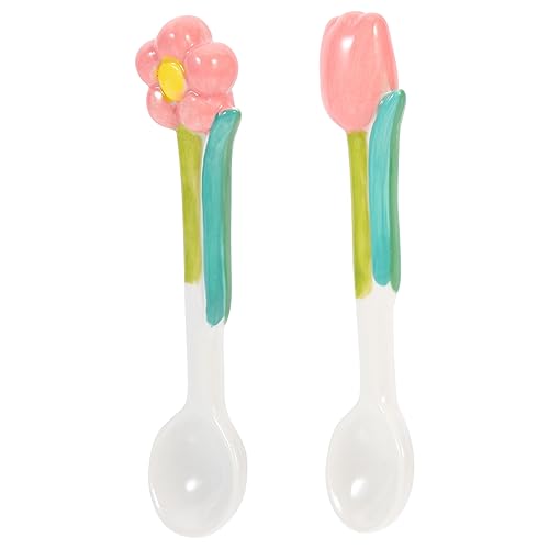Mobestech 2 Stück Porzellan Löffel mit Tulpenförmigem Design Wiederverwendbare Kaffeelöffel Praktische Rührlöffel für Haushalt und Küche für Kaffee Honig und Desserts Keramik Zubehör von Mobestech